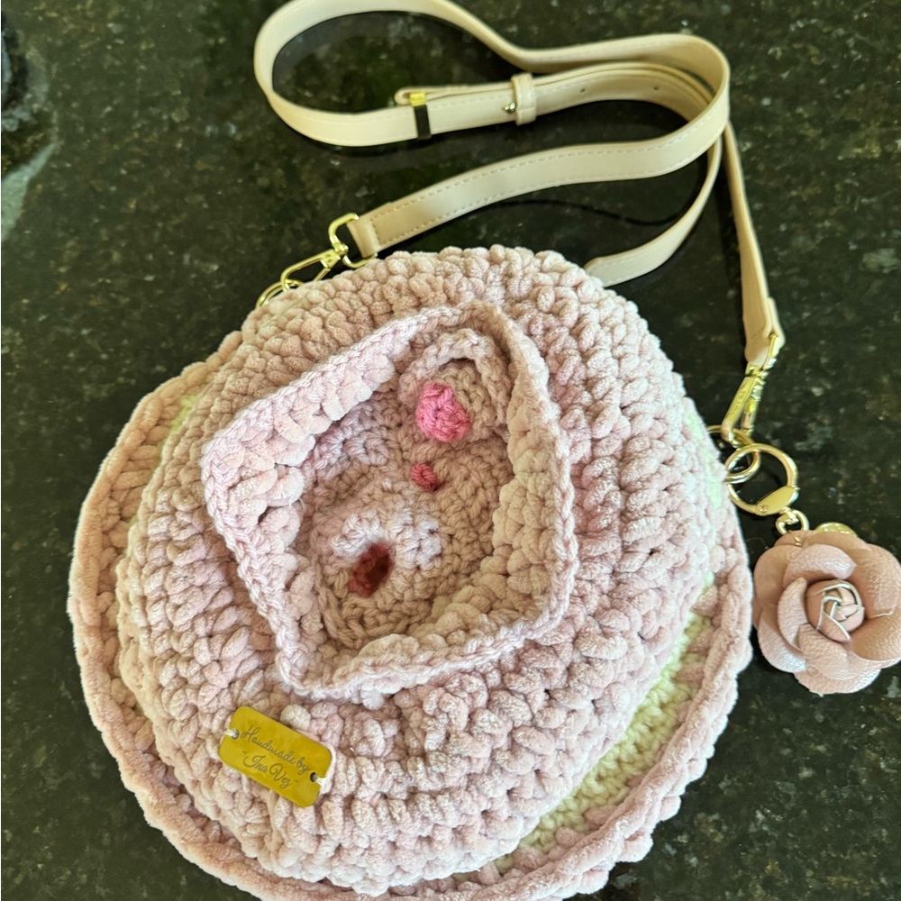 Pink Crochet Crossbody Vagina Bag with Flower Charm